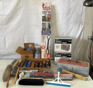 (2) Boxes Of Sears 15 Drawer Storage Cabinets (1) Red Dragon Propane Torch Kit (7) Tubes Of Grease (1) Metal Tool Box , Assortment Of Brushes (1) Grease Gun & More