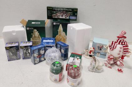 (1) Vintage JCPenney Home Collection Christmas Light Up Church Night Light (1) Vintage JCPenney Home Collection Musical Snowman Holiday Decoration (1) Avon Iridescent Angel Candle Holder And More