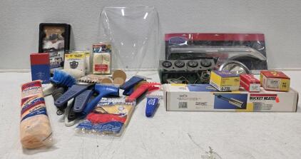 Car and Motorcycle Accessories Lot(1) Custom Gauge Panel Featuring Four "Auto Gage" Brand Instruments (1) Standard Plus DS-167, Switch Heavy Duty Toggle (1) Stant G-778 Locking Gas Cap (1) General Electric Mounted Auto Spotlight (1) Kuryakyn Chrome Top Be