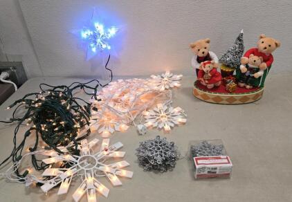 Christmas decorations, white, snowflake-shaped holders, Silver glitter snowflake ornaments,A Beary Merry Holiday Celebration" animated musical Christmas decoration,(1) Lighted Christmas tree topper shaped like a star. (PLEASE READ DESCRIPTION)