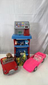 Assorted Toys - Toy Cars , Original Kenner 1997 Star Wars LEIA , Check Out Stand & More