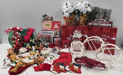 Christmas Decor Lot! Including: (4) White Light-Up Poinsettia's, (1) LENOX 2011 Annual Gingerbread Ornament, & More!