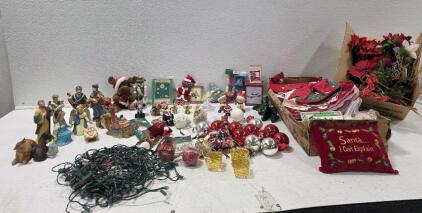 Holiday Craft and Decor Lot! (1) Traditions 12 pcs. Porcelain Nativity Set (3) White Light Strings *tested, some bulbs out (1) Small Box of Unfinished Placemats and Other Projects (1) Box of Artificial Holiday Florals also Ornaments & Figurines
