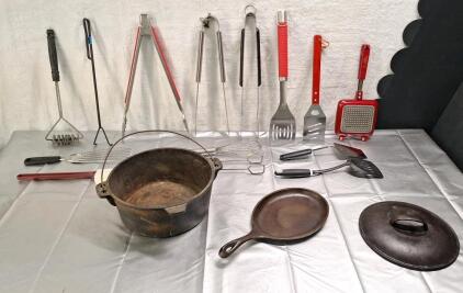 (3) Pieces Of Cast Iron, (1) 12" Dutch Oven W/O Lid, (1) 10" Oval Skillet, (1) 9-1/2" Lid & Assorted Large Cooking Utensils