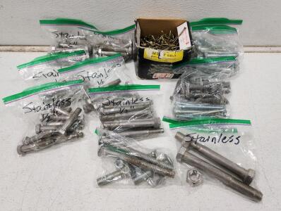(1) Box Of Grip Rite Fasteners 6.03cm Nails And Assorted 1/2" Stainless Bolts