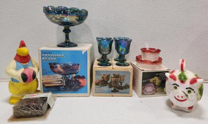 (1) Vintage Indiana Iridescent Blue Carnival Glass 2892 Garland Bowl (1) Vintage Indiana Glass Iridescent Blue Carnival Glass Harvest Goblets (1) Indiana Glass Company 3-Piece Diamond Point Crystal Sauce Set And More