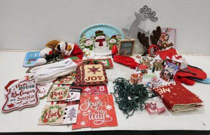 (1) Vintage Libbey Holiday Teddy Bear Platter (8) Assorted Stockings (15) Assorted Holiday Signs And More
