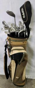 (1) Sun Mountain Pour Pak Golf Bag by Wilson (17) Assorted Gold Clubs