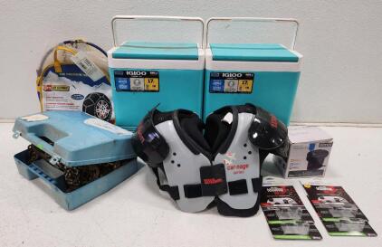 (1) Les Schwab Quick Fit Diamond Tire Chains (1) Wilson Carnage Series Shoulder Pads (1) Intex Quick-Fill AC Electric Pump And More