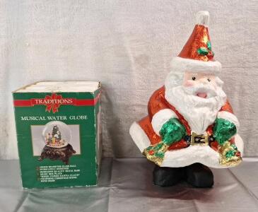 (1) Vintage Snow Globe W/ Music Box & (1) 24" Indoor Santa Decoration