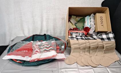 (1) 4-Pack Of Santa Hats, (1) 6-Pack Of Christmas Stockings, (1) Wreath Storage Bag & (1) Box Of Assorted Christmas Decor