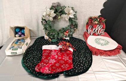 (1) 24" Artificial Wreath, (1) Tree Skirt & Assorted Christmas Decor