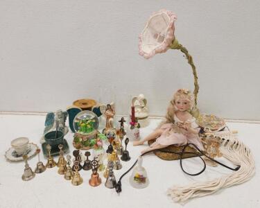 (1) Porcelain Doll Fairy Flower Lamp (1) Vintage Marineland of the Pacific Souvenir Teacup and Saucer Set (1) Hummingbird And Flowers Musical Water Globe And More
