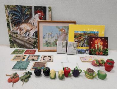 (2) Vintage Russ Vegetable Kitchen Wall Hooks (3) Avon Seasons Harvest miniature teapot (1) Framed The Creative Circle 1987 Feathered Friends Embroidery Completed And More