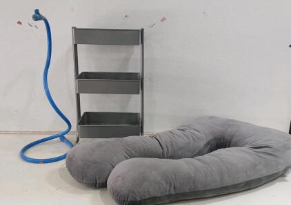 (1) Body Pillow -46"L x26"W (1) 3-Tier Organizer W/ Wheels -17"L x15"W x30"H (1) 33"H Standing Sprinkler