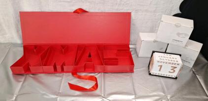 (1) XMAS Cardboard Letter Shape Box Fillable Gift Box, RED & (3) Wooden Perpetual Desk Calendars