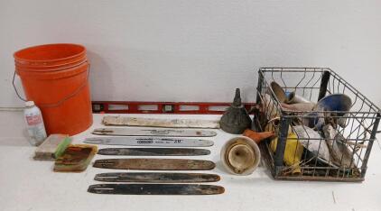 (7) Assorted Chainsaw Blades 16"-20" (1) Bucket Full Of Assorted Chainsaw Chains (20) Assorted Funnels & More
