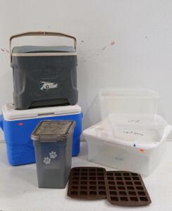 (1) Igloo Cooler W/ Handles (1) Coleman Ice Chest (4) Assorted Plastic Bins & More
