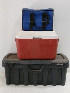 (1) Hondaline Rear Seat Trunk Bag (1) Coleman Ice Chest -22"L x13"W x15"H (1) Contico Hard Plastic Trunk -35"L x15"W x14"H