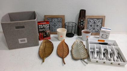 (34) Stainless Spoons, Forks, and Knives (3) Decorative Leaf Trays (1) Wooden Vase & More