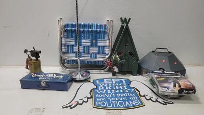 (1) The Roundup 5X Quality Beaver Repellent Hat (1) Vintage Torch (2) Folding Lawn Chairs & More