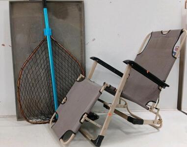 (1) Merstoclo Folding Lawn Chair -67"L x20"W (1) Large Folding Fishing Net (1) Plastic Dog Kennel Tray -47"L x29"W
