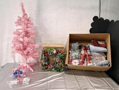 (1) 3-Foot Pink Christmas Tree W/ Ornaments & Lights, (1) 12" Artificial Wreath & (1) Box Of Assorted Christmas Decor