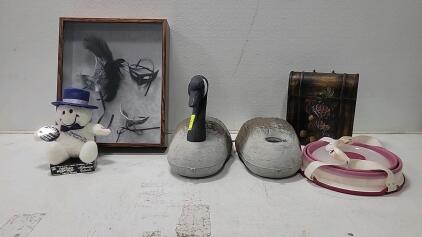 (2) Geese Decoys (1) Tickle Wiggle Millennium Plushy (1) Cups Cake Holder & More