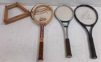 (1) Vintage Wooden Spalding WCT Impact 500 4 1/2"M Tennis Racket (1) Wilson World Class 4 3/8"L Tennis Racket (1) ProKennex Tour Ace 95 4 1/4" Tennis Racket