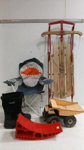 (1) Kids Shark Folding Chair (1) Flexible Flyer lll (1) Kami Greenbay 4 Winter Boots (Size 8M) & More