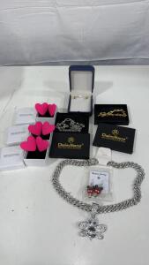 Assortment Of Jewelry- (1) Chains House Gold Toned Bracelet (1) Silver Toned Necklace (1) Mickey Mouse Ice Cream Earings (1) Blinged Out Silver Toned Bee Necklace & More