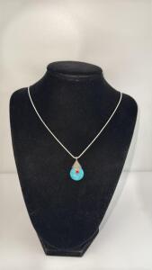Tibetan Silver Wrapped Turquoise Ball W/ Silver Necklace 925
