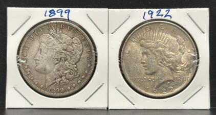 1899 Morgan Dollar & 1922 Peace Dollar, United States Mint, 90% Silver