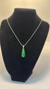 Green Jade TearDrop Pendant W/Silver 925 Necklace