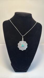 Blue Turquoise Tibetan Silver Pendant W/ Silver 925 Necklace