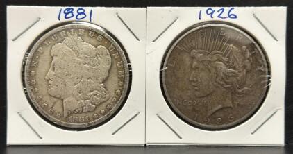1881 Morgan Silver Dollar & 1926 Peace Silver Dollar, 90% Silver, U.S. Coins