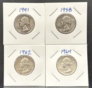 1941, 1958, 1962, 1964 Washington Quarters, 90% Silver Coins