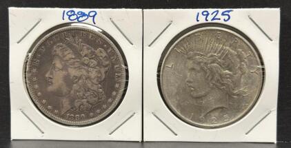1889 Morgan Dollar & 1925 Peace Dollar, 90% Silver, U.S. Coins