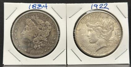 1884 Morgan Dollar & 1922 Peace Dollar, 90% Silver U.S. Coins