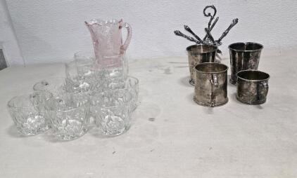 A Collection Of Set Vintage Home Decor (1) Antique Fruit Knife Set And Stand (1) Mosser Glass Inverted Thistle Light Pink Creamer (6) Vintage Anchor Hocking Crown Point Punch Cup And More (PLEASE READ DESCRIPTION)