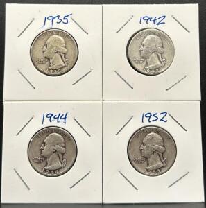 U.S. Washington Silver Quarters, 1935, 1942, 1944, 1952, 90% Silver