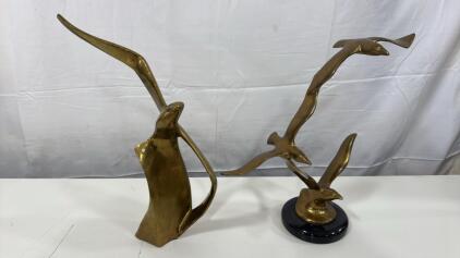 1980s Brass Modernist Birds in Flight Sculpture on Marble Base 10&rdquo; Tall & Vintage Brass Mid Century Modern Seagull in Flight Sculpture