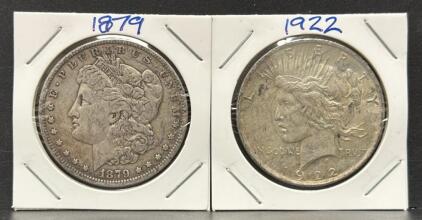 1922 Peace Dollar & 1879 Morgan Dollar, Silver Coins