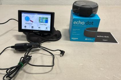 Amazon Echo Dot (3rd Generation) smart speaker. It is a voice-controlled device with Alexa built-in, designed to add smart capabilities to any room. ,(1)Garmin Drive 51 LM 010-01678-0B 5" GPS Navigator with Driver Alerts (Please Read Description)