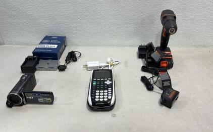 BLACK+DECKER 20V MAX Cordless Drill/Driver, likely model number BDCDD120C. (2) Chargers (1) Battery,(1)Sony HDR-CX110 Handycam camcorder. No Charger,(1) Nikon 2 Batteries AC/DC Charger ,(1)Texas Instruments TI-84 Plus C Silver Edition W\Charger & Cover .(