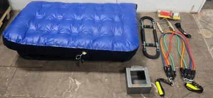 (2)Bodylastics resistance bands and accessories,(1) Camping Air Bed ,(1) Twister Arm Trainer, (1)Triangle row cable attachment,(1) OooGA Horn,(1) Big Dog Water bowl