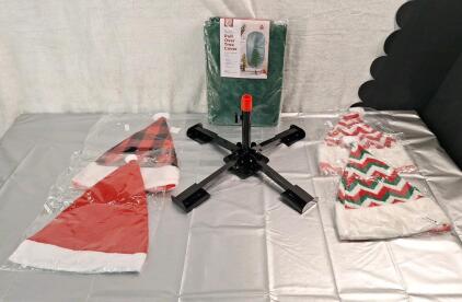 (1) Pull Over Christmas Tree Cover, (1) Foldable Artificial Tree Stand & (1) 4-Pack Of Santa Hats