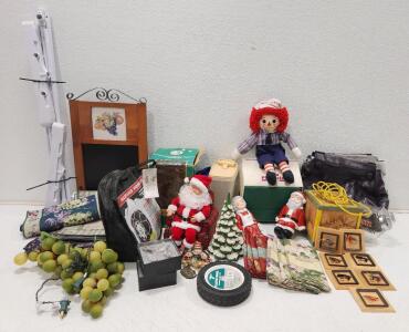(1) Vintage 1995 Gemmy North Pole Production Christmas Animated Santa (1) Large Wood Chalkboard Message Board (1) Vintage Oberlin Bait Canteen W/ Department 56 Fly Fishing Information Frames And More