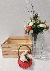(1) 9 1/4"H X 17 3/4"W X 12 1/4"D Wooden Crate (2) Glass Vases W/ Artificial Decorative Flowers (1) Decorative Pumpkin Decor