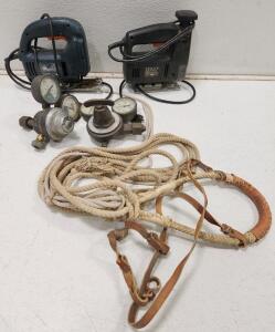 (1) Black & Decker JS250 Variable Speed Jigsaw (1) Vintage Black & Decker Jigsaw Power Tool (2) Victor Oxygen Regulator (1) Steer Rope (1) Vintage Horse Harness Equipment